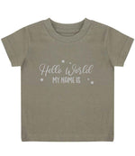 Customisable Hello World MY NAME IS – Baby T-Shirt in Khaki with Silver vinyl