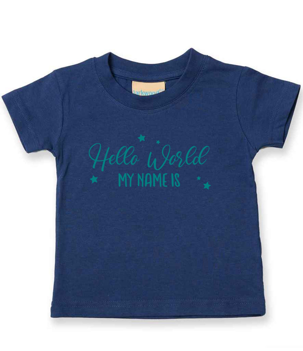 Customisable Hello World MY NAME IS – Baby T-Shirt in Navy with Teal vinyl