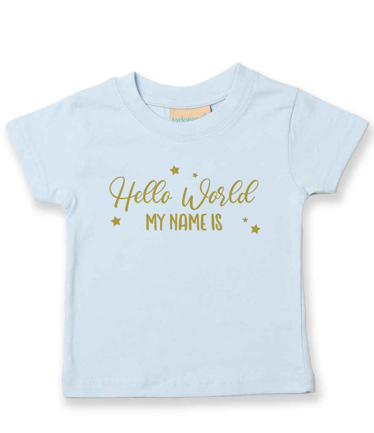 Customisable Hello World MY NAME IS – Baby T-Shirt in Pale Blue with Gold vinyl