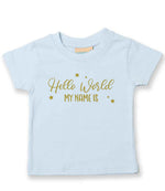 Customisable Hello World MY NAME IS – Baby T-Shirt in Pale Blue with Gold vinyl