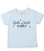 Customisable Hello World MY NAME IS – Baby T-Shirt in Pale Blue with Navy vinyl