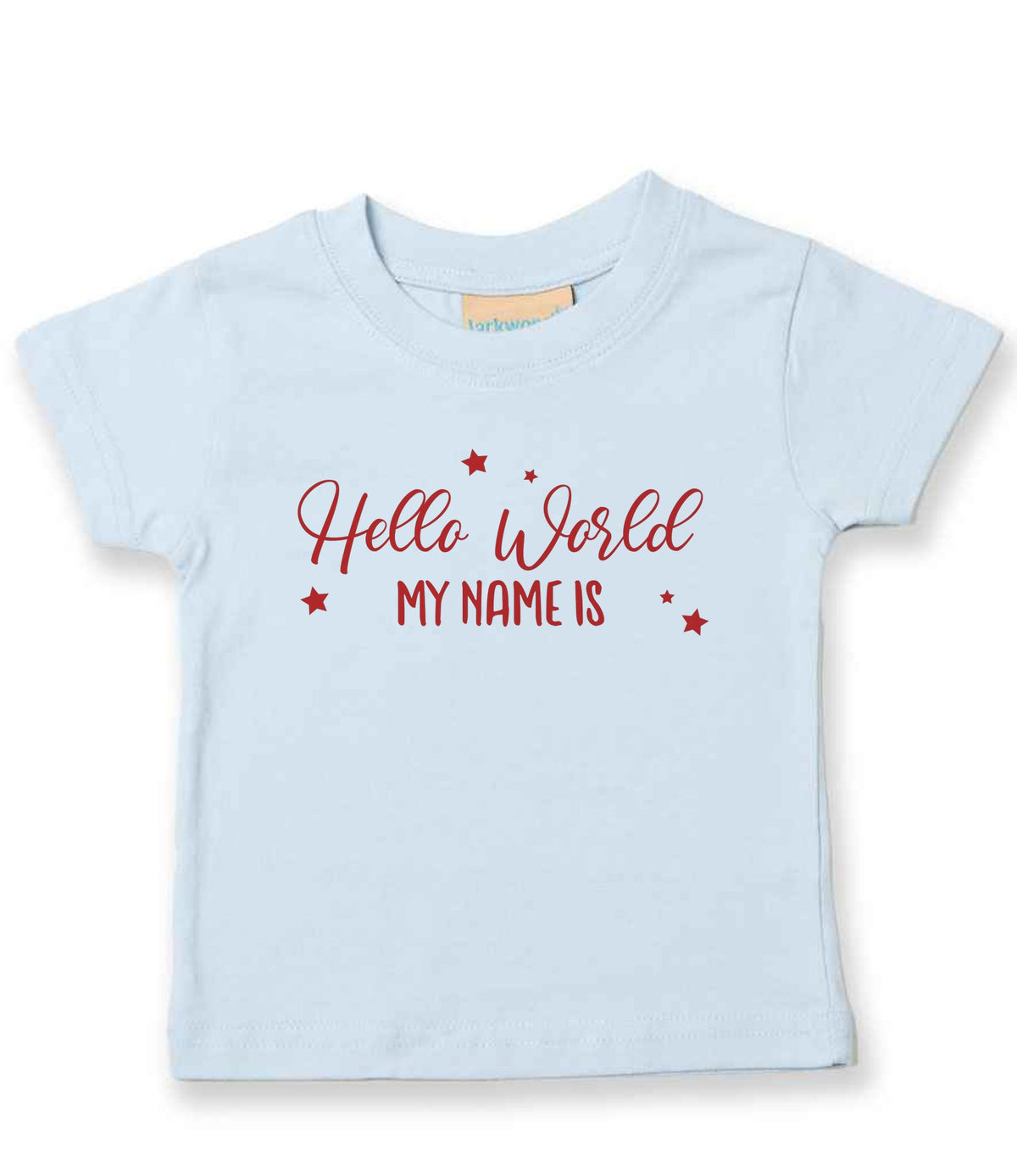 Customisable Hello World MY NAME IS – Baby T-Shirt in Pale Blue with Red vinyl
