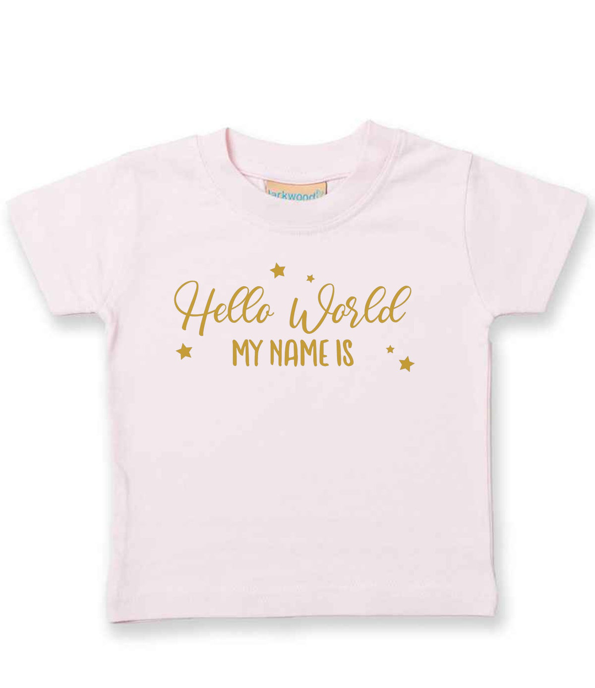 Customisable Hello World MY NAME IS – Baby T-Shirt in Pale Pink with Gold vinyl