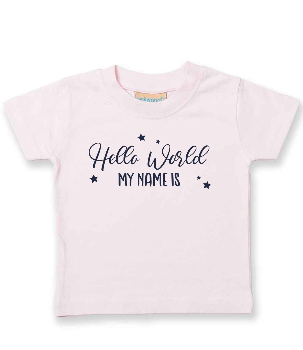 Customisable Hello World MY NAME IS – Baby T-Shirt in Pale Pink with Navy vinyl