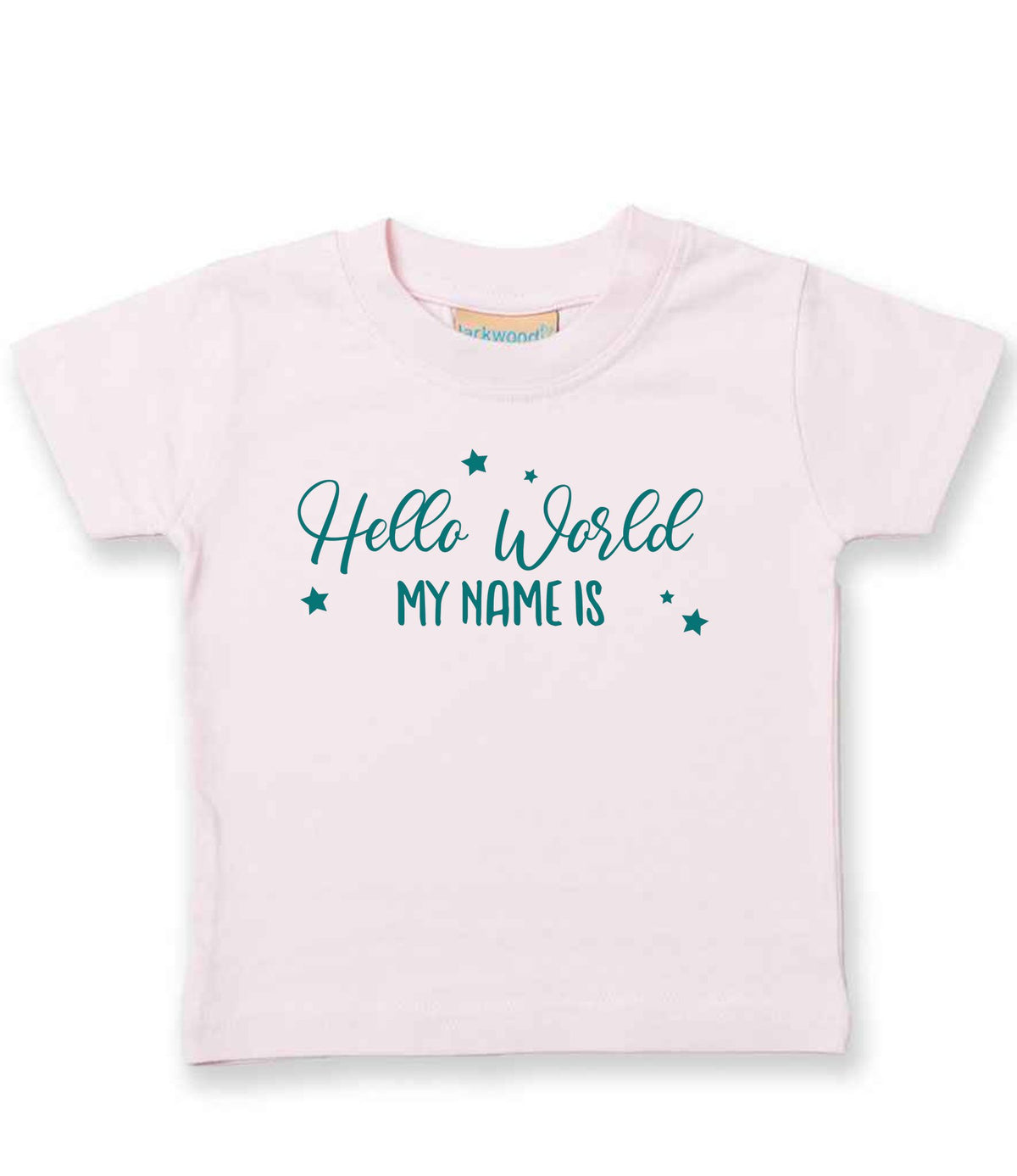 Customisable Hello World MY NAME IS – Baby T-Shirt in Pale Pink with Teal vinyl
