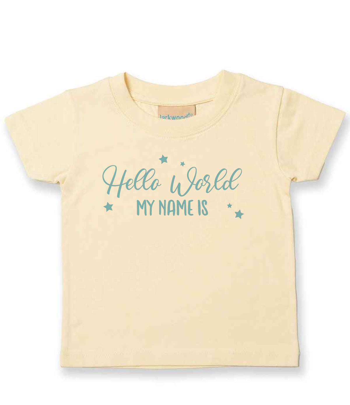 Customisable Hello World MY NAME IS – Baby T-Shirt in Pale Yellow with Baby Blue vinyl