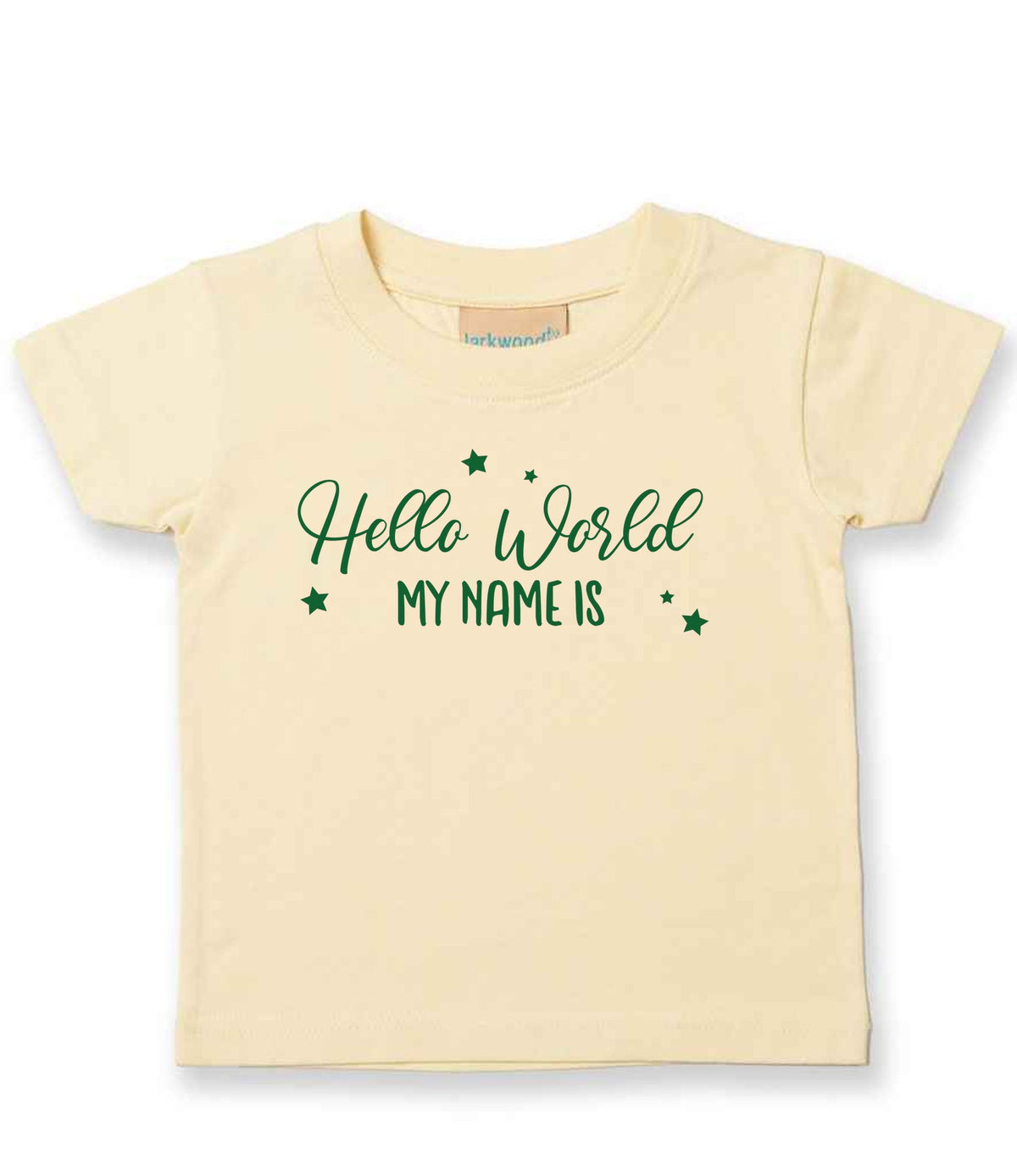 Customisable Hello World MY NAME IS – Baby T-Shirt in Pale Yellow with Dark Green vinyl