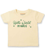 Customisable Hello World MY NAME IS – Baby T-Shirt in Pale Yellow with Dark Green vinyl
