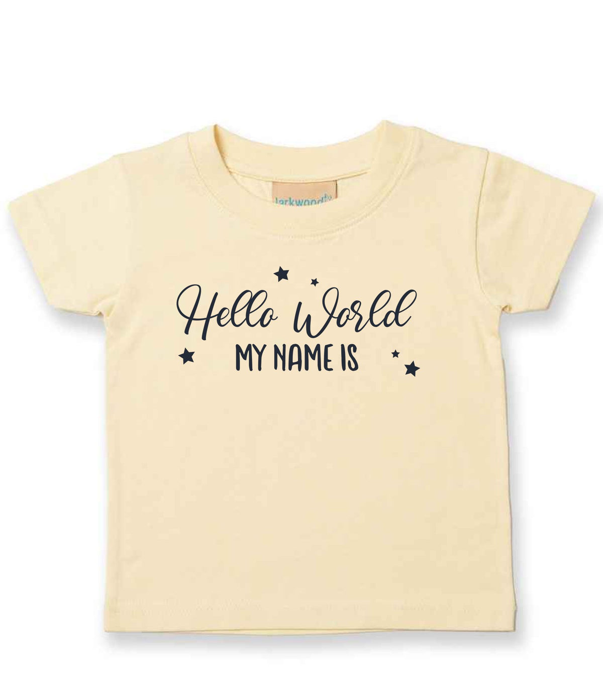 Customisable Hello World MY NAME IS – Baby T-Shirt in Pale Yellow with Navy vinyl