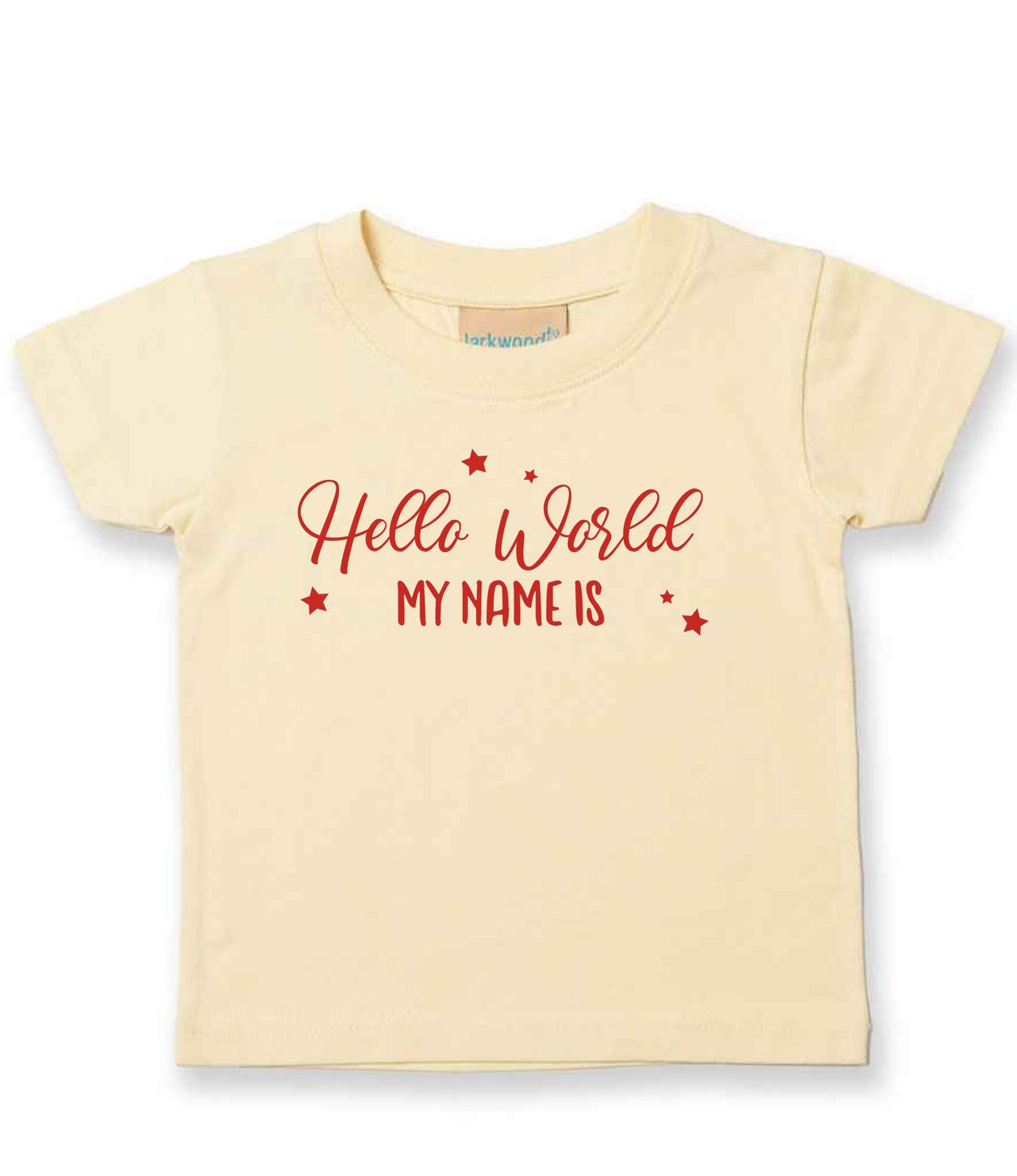 Customisable Hello World MY NAME IS – Baby T-Shirt in Pale Yellow with Red vinyl