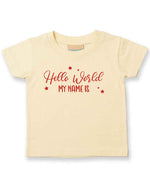 Customisable Hello World MY NAME IS – Baby T-Shirt in Pale Yellow with Red vinyl