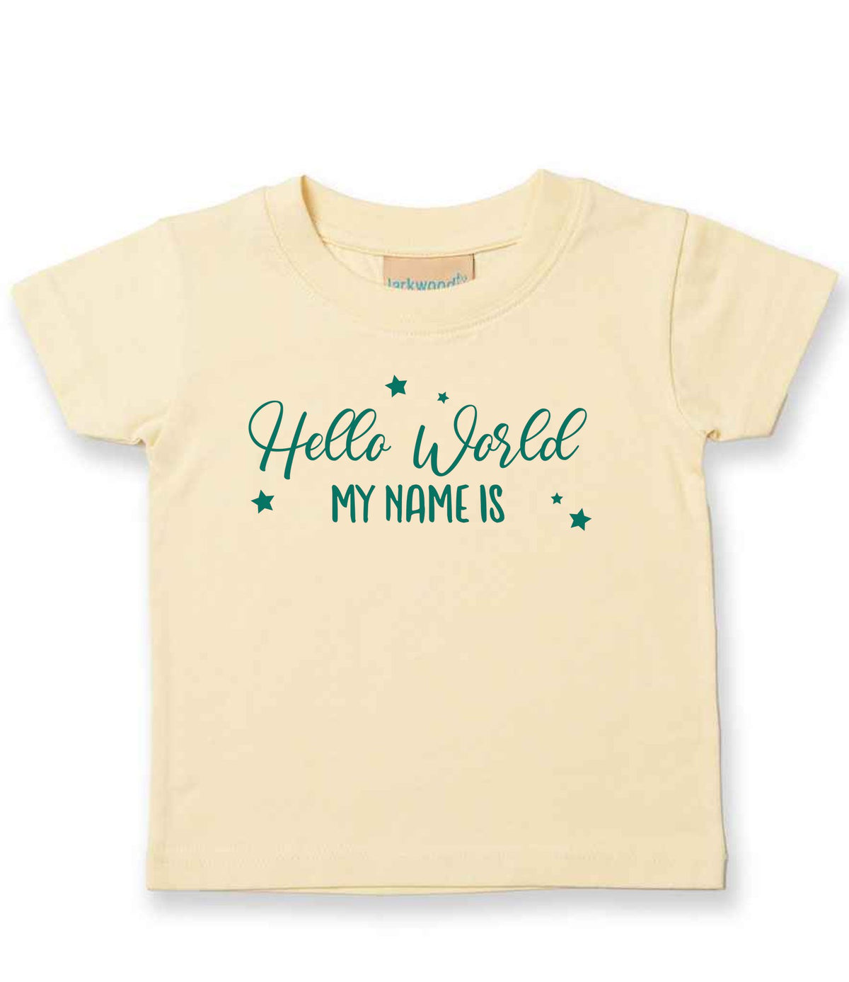 Customisable Hello World MY NAME IS – Baby T-Shirt in Pale Yellow with Teal vinyl