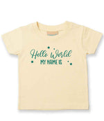 Customisable Hello World MY NAME IS – Baby T-Shirt in Pale Yellow with Teal vinyl