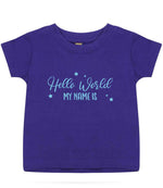 Customisable Hello World MY NAME IS – Baby T-Shirt in Purple with Baby Blue vinyl