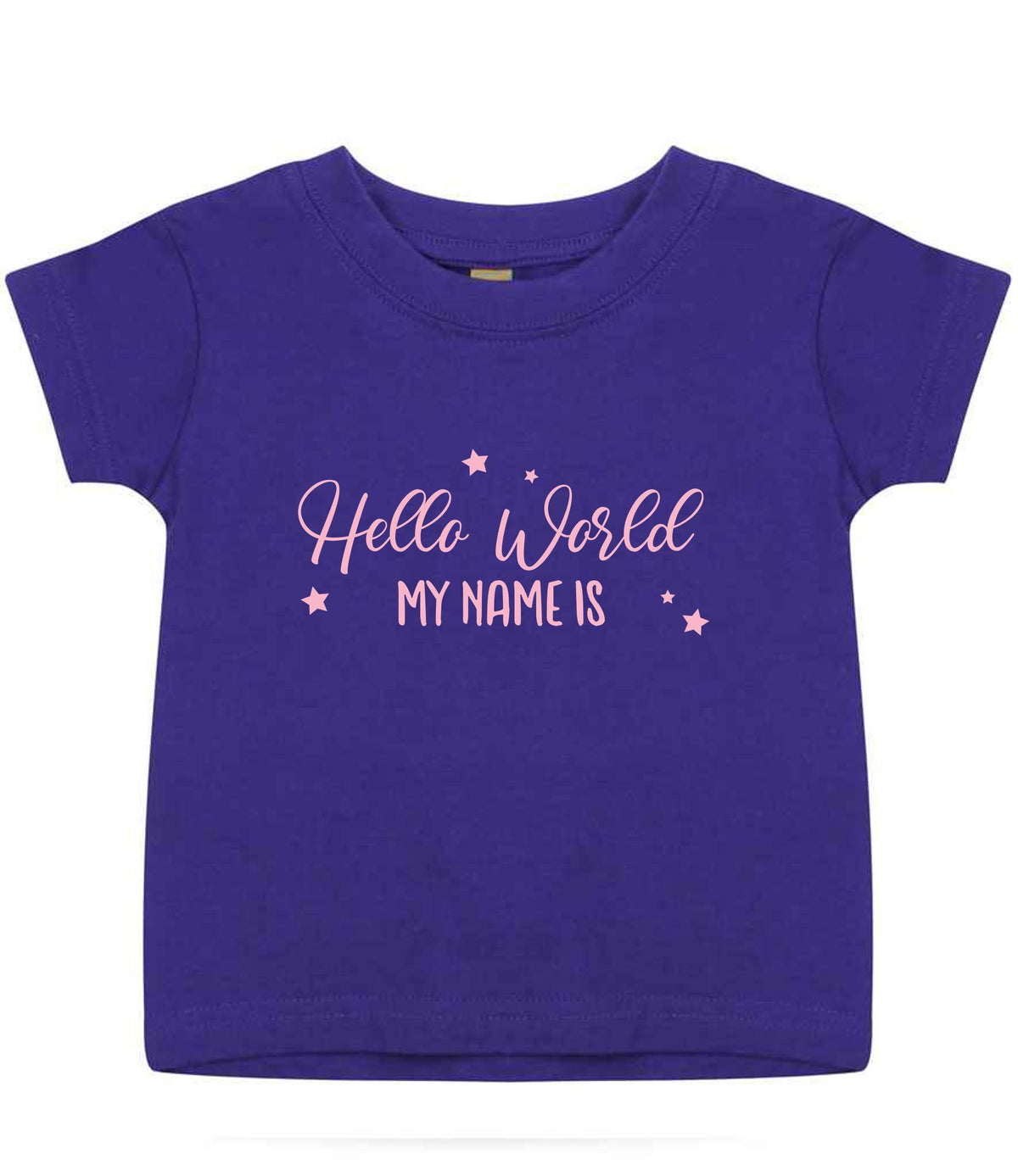 Customisable Hello World MY NAME IS – Baby T-Shirt in Purple with Baby Pink vinyl