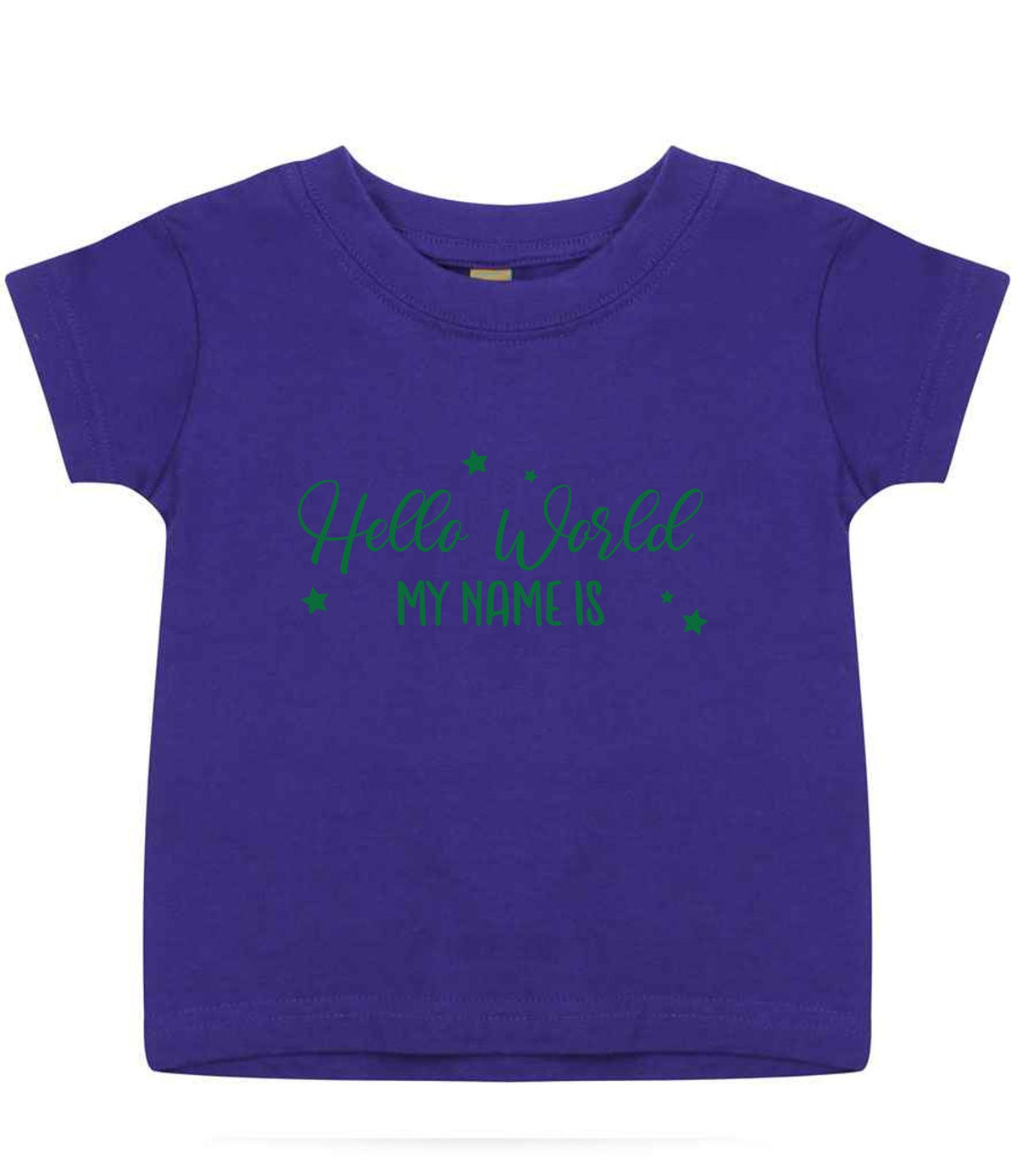 Customisable Hello World MY NAME IS – Baby T-Shirt in Purple with Dark Green vinyl