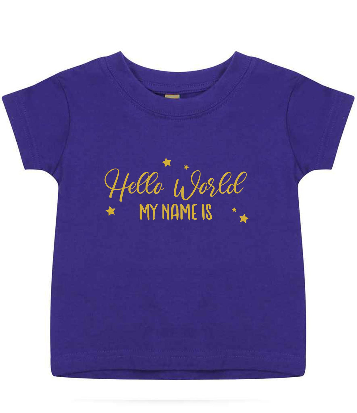 Customisable Hello World MY NAME IS – Baby T-Shirt in Purple with Gold vinyl