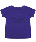 Customisable Hello World MY NAME IS – Baby T-Shirt in Purple with Navy vinyl