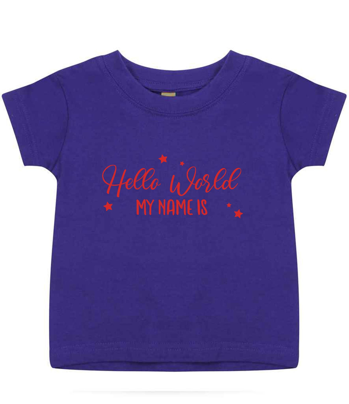 Customisable Hello World MY NAME IS – Baby T-Shirt in Purple with Red vinyl