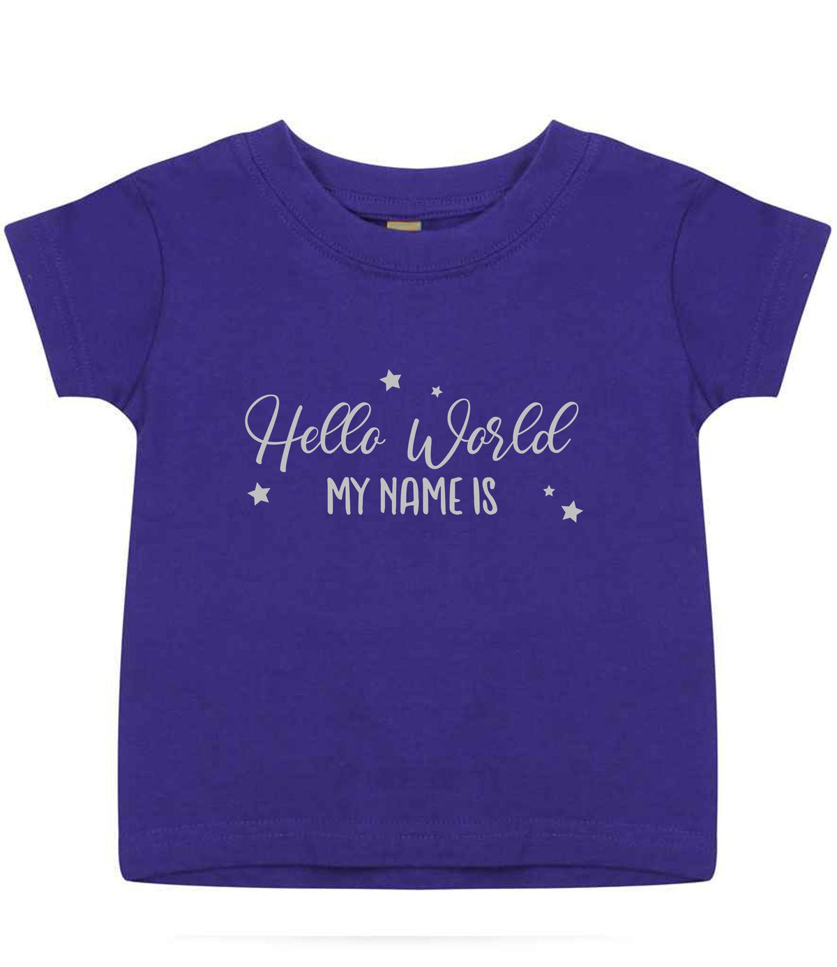 Customisable Hello World MY NAME IS – Baby T-Shirt in Purple with Silver vinyl