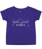 Customisable Hello World MY NAME IS – Baby T-Shirt in Purple with Silver vinyl
