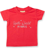 Customisable Hello World MY NAME IS – Baby T-Shirt in Red with Silver vinyl