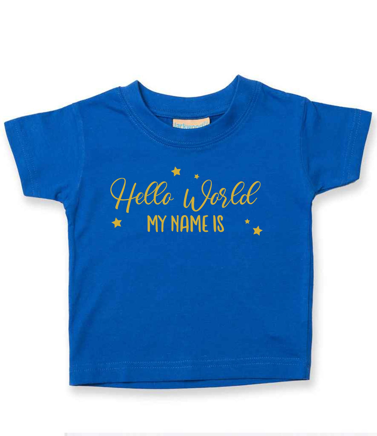 Customisable Hello World MY NAME IS – Baby T-Shirt in Royal Blue with Gold vinyl