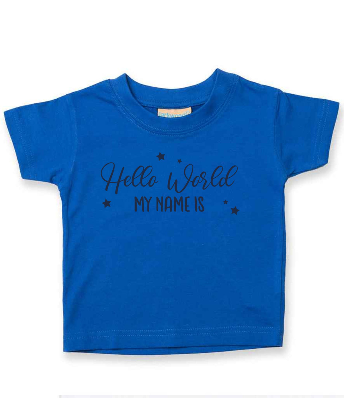Customisable Hello World MY NAME IS – Baby T-Shirt in Royal Blue with Navy vinyl