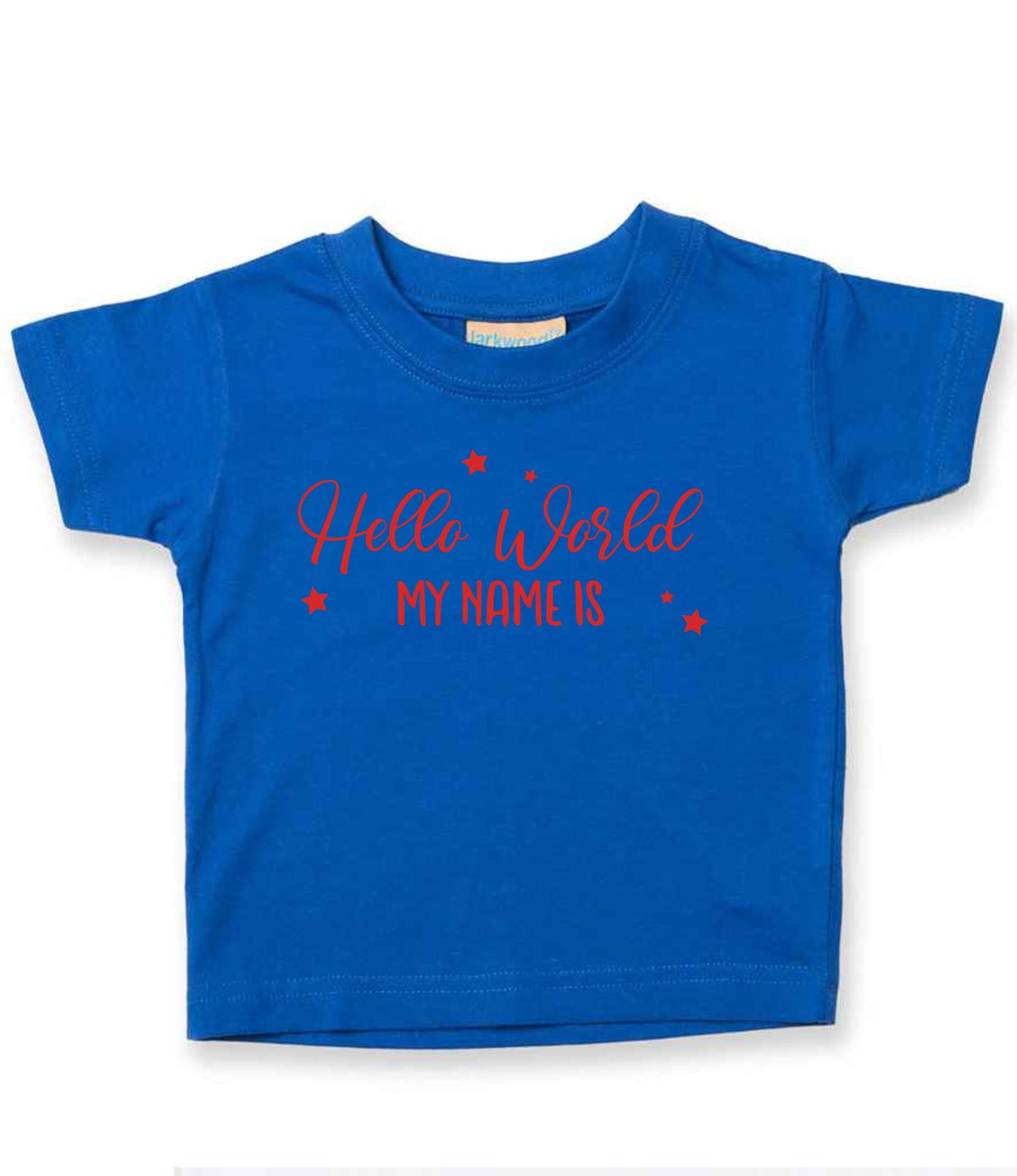 Customisable Hello World MY NAME IS – Baby T-Shirt in Royal Blue with Red vinyl