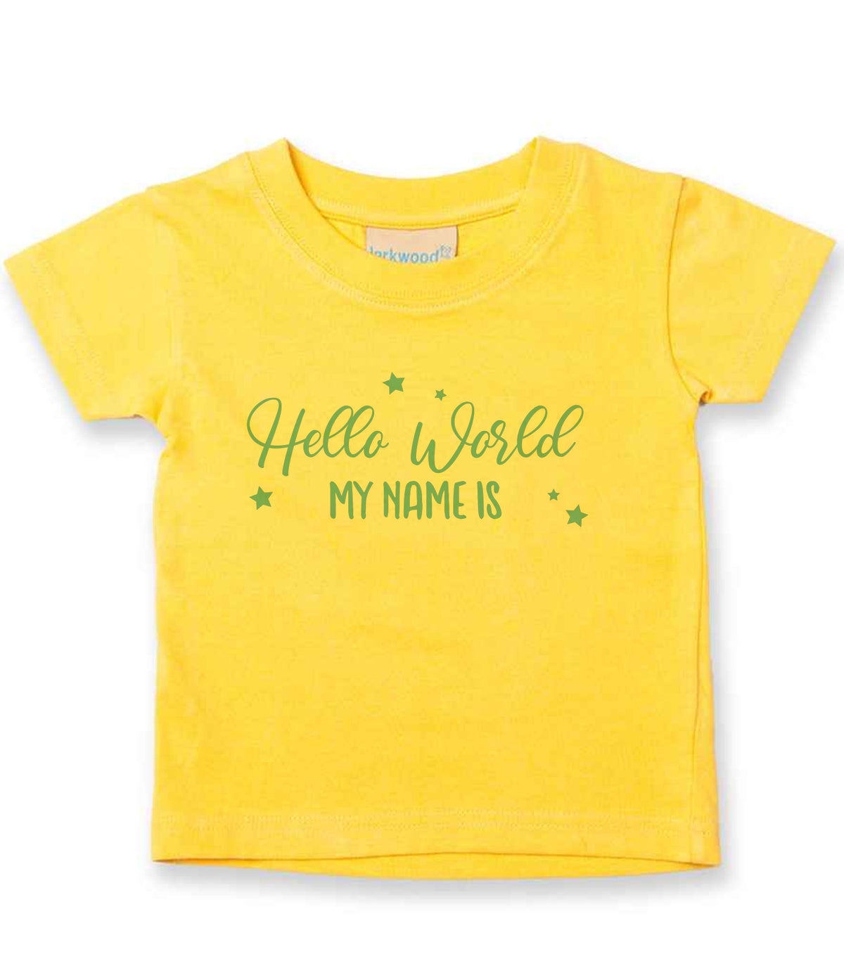 Customisable Hello World MY NAME IS – Baby T-Shirt in Sunflower with Baby Blue vinyl