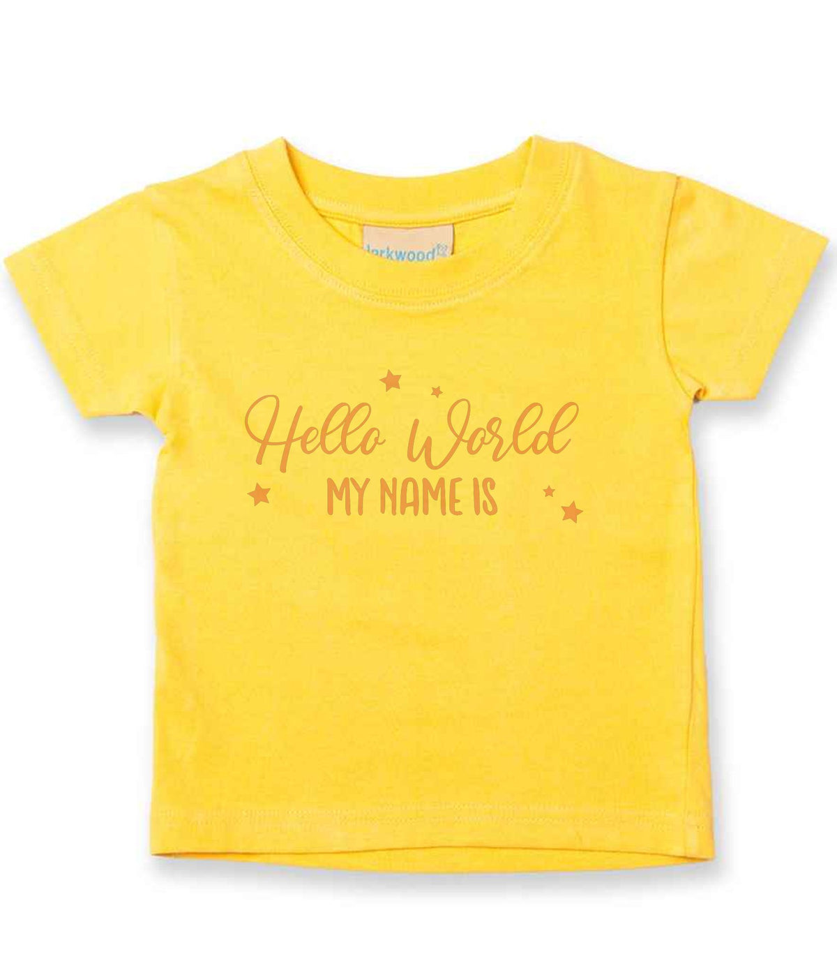 Customisable Hello World MY NAME IS – Baby T-Shirt in Sunflower with Baby Pink vinyl