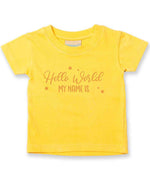 Customisable Hello World MY NAME IS – Baby T-Shirt in Sunflower with Baby Pink vinyl