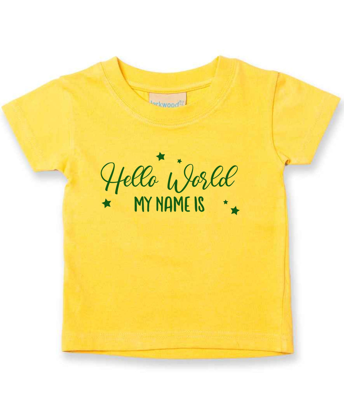 Customisable Hello World MY NAME IS – Baby T-Shirt in Sunflower with Dark Green vinyl