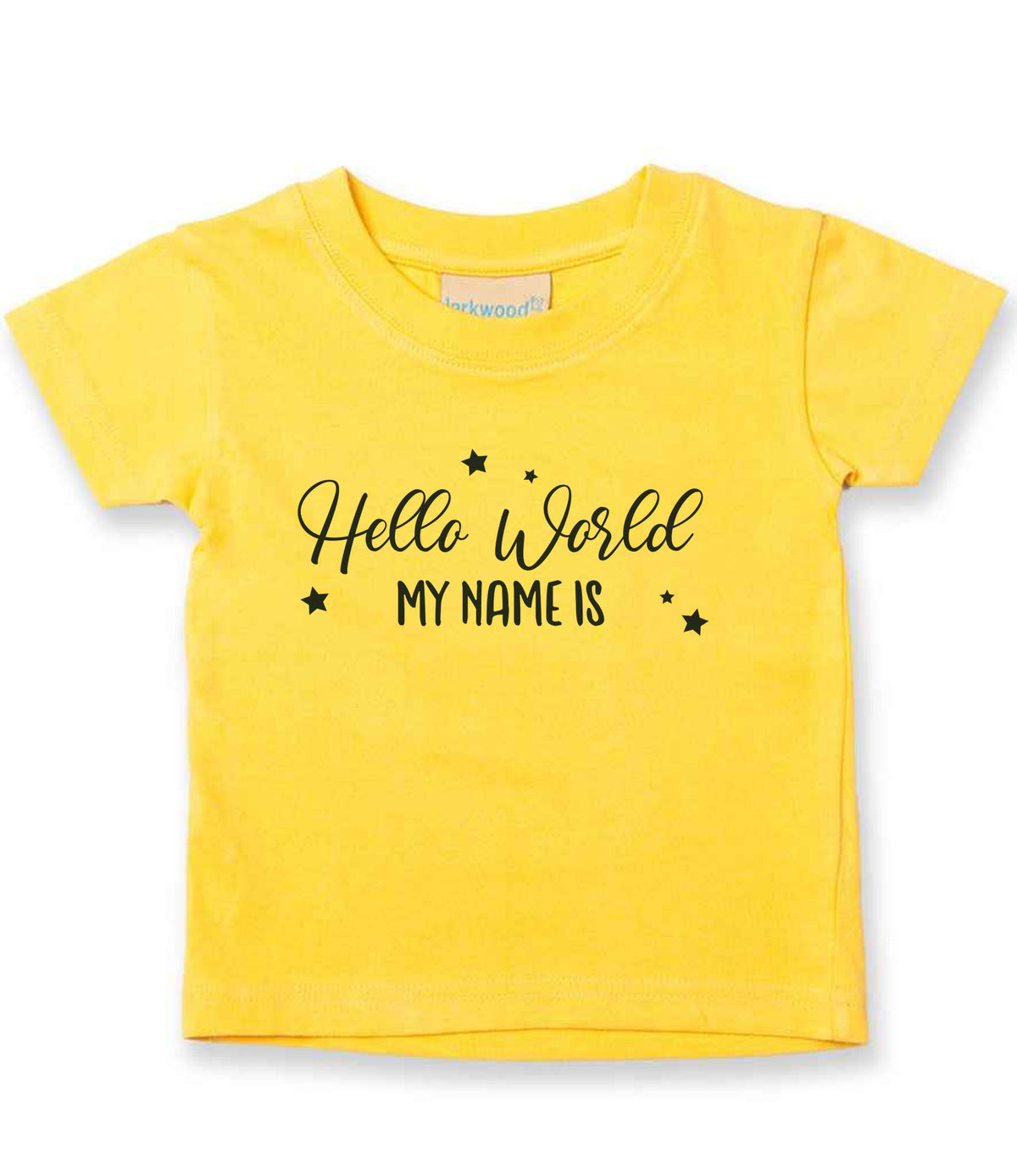 Customisable Hello World MY NAME IS – Baby T-Shirt in Sunflower with Navy vinyl