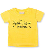 Customisable Hello World MY NAME IS – Baby T-Shirt in Sunflower with Navy vinyl