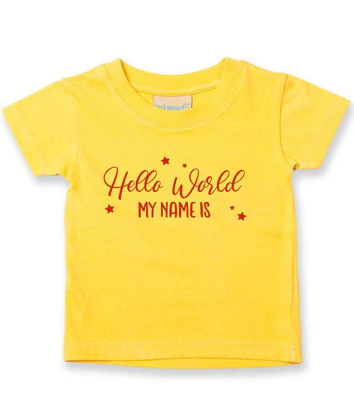 Customisable Hello World MY NAME IS – Baby T-Shirt in Sunflower with Red vinyl
