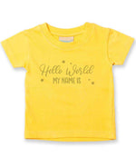 Customisable Hello World MY NAME IS – Baby T-Shirt in Sunflower with Silver vinyl
