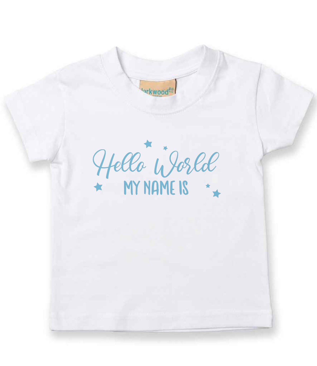 Customisable Hello World MY NAME IS – Baby T-Shirt in White with Baby Blue vinyl
