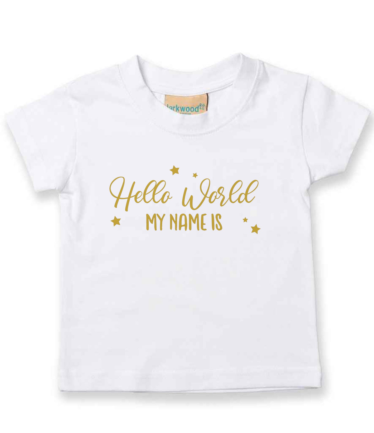 Customisable Hello World MY NAME IS – Baby T-Shirt in White with Gold vinyl