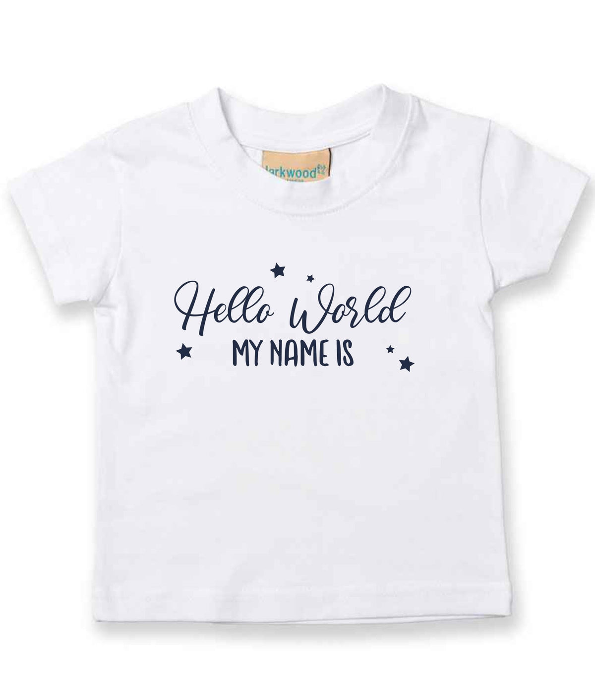 Customisable Hello World MY NAME IS – Baby T-Shirt in White with Navy vinyl