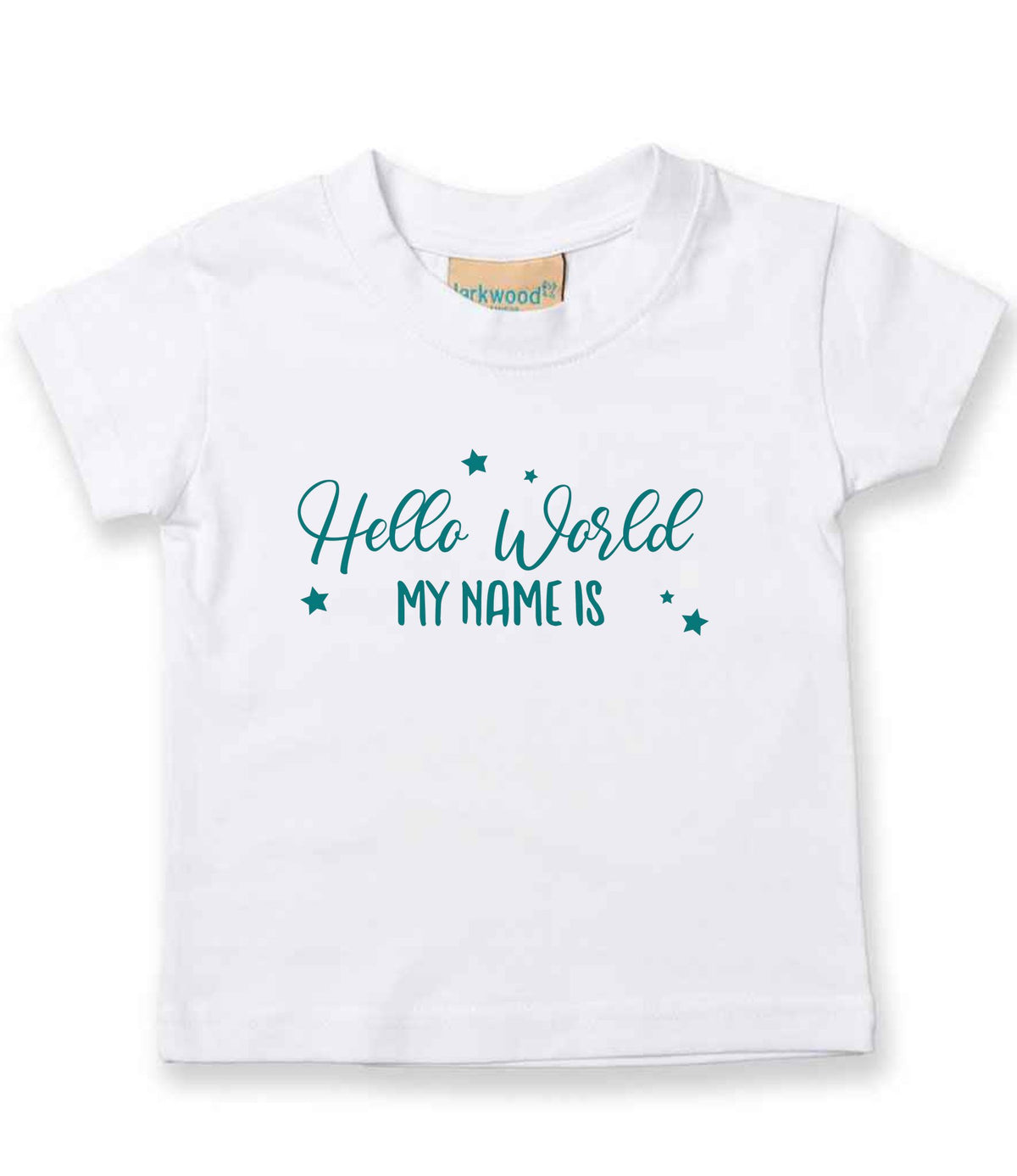 Customisable Hello World MY NAME IS – Baby T-Shirt in White with Teal vinyl