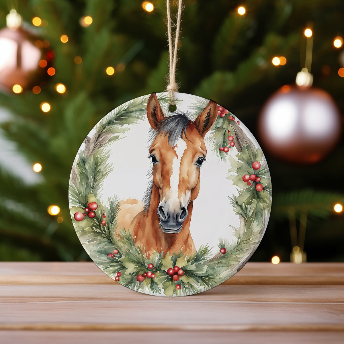 Horse with Christmas Wreath ceramic hanging decoration in standard