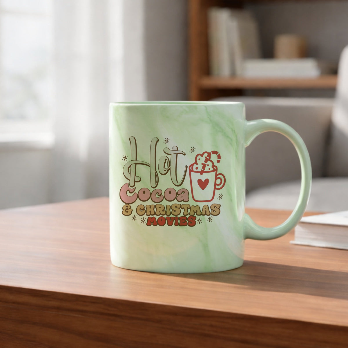 Hot Cocoa & Christmas Movies 11oz marble mug in green