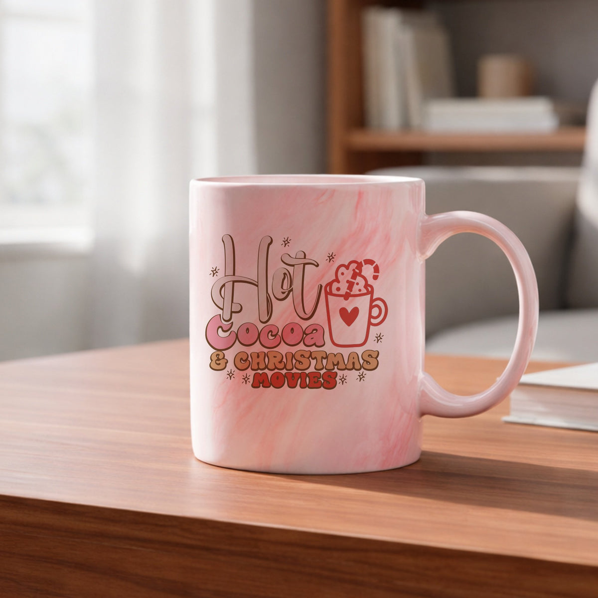 Hot Cocoa & Christmas Movies 11oz marble mug in red