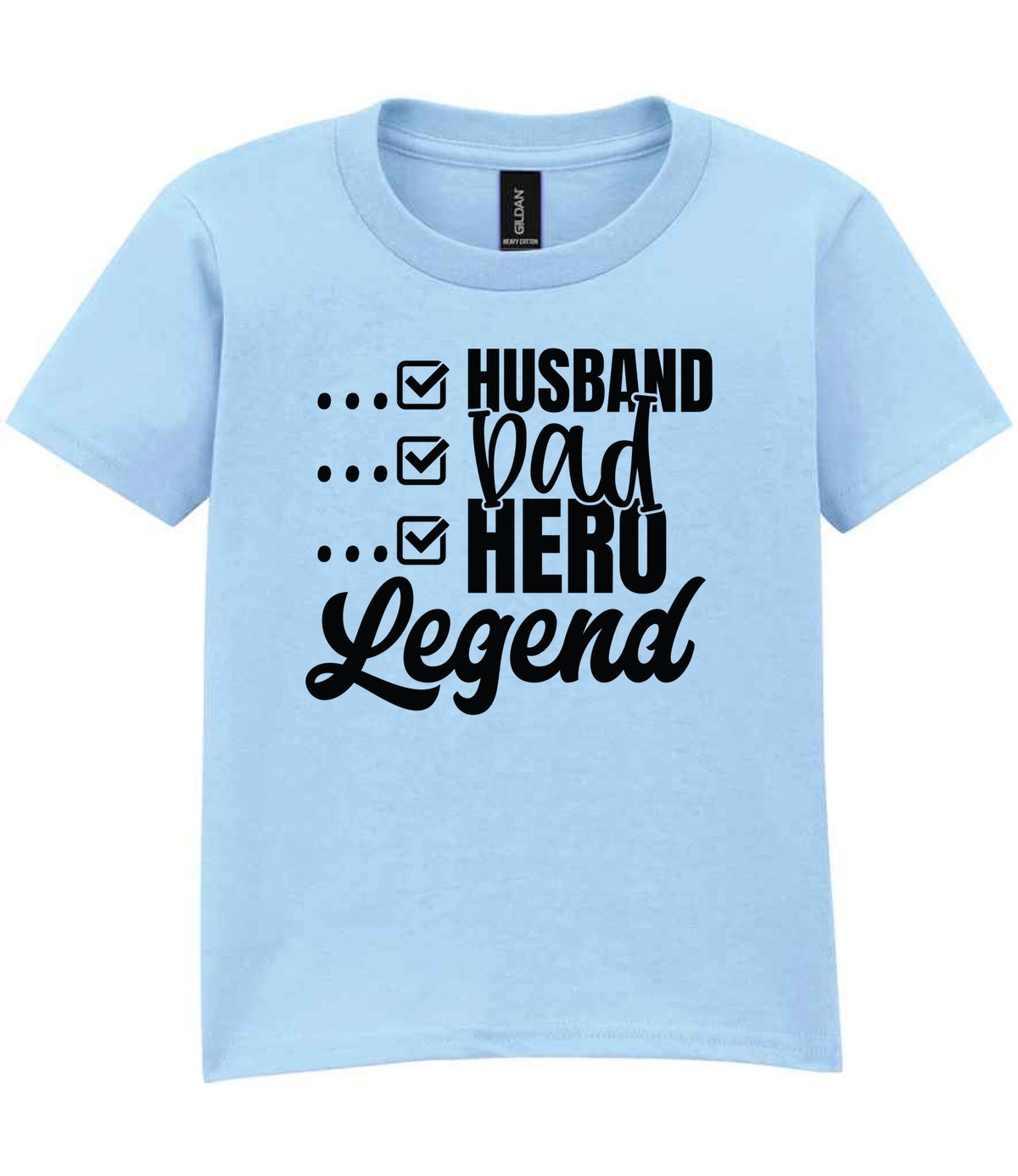 T-shirt piece of the Matching Set: Mug and T-shirt for Husband, Dad, Hero, Legend in Light Blue