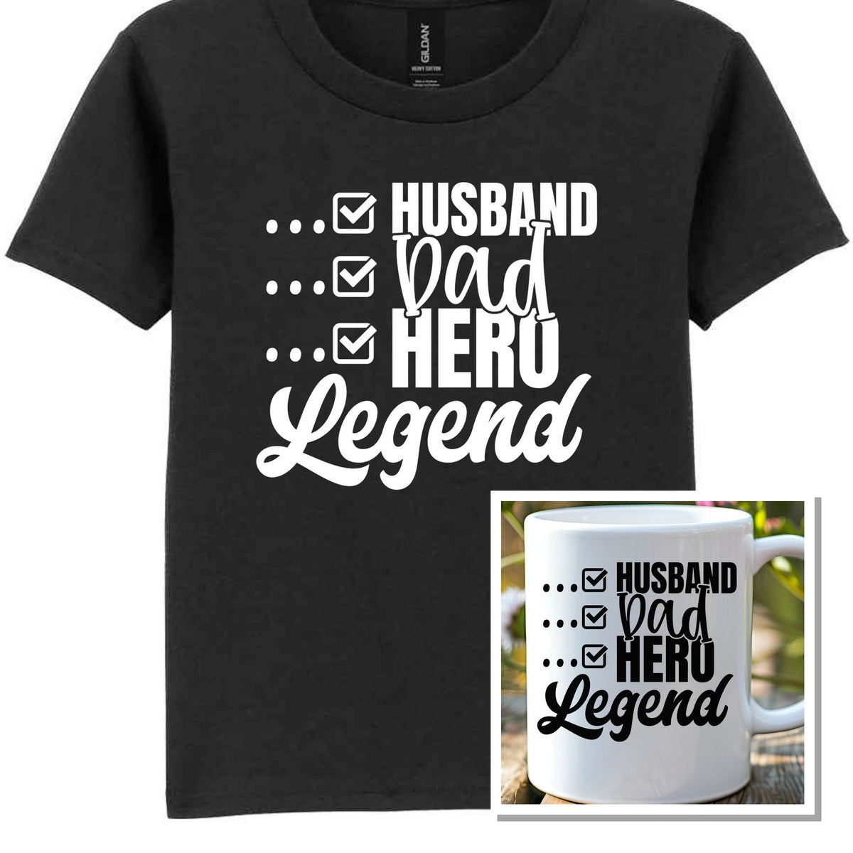 Matching Set: Mug and T-shirt for Husband, Dad, Hero, Legend in Black