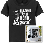 Matching Set: Mug and T-shirt for Husband, Dad, Hero, Legend in Black