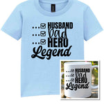 Matching Set: Mug and T-shirt for Husband, Dad, Hero, Legend in Light Blue