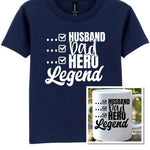 Matching Set: Mug and T-shirt for Husband, Dad, Hero, Legend in Navy