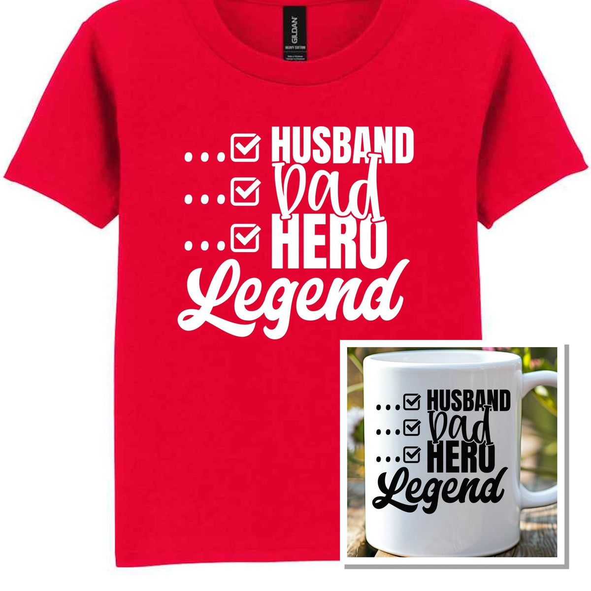 Matching Set: Mug and T-shirt for Husband, Dad, Hero, Legend in Red